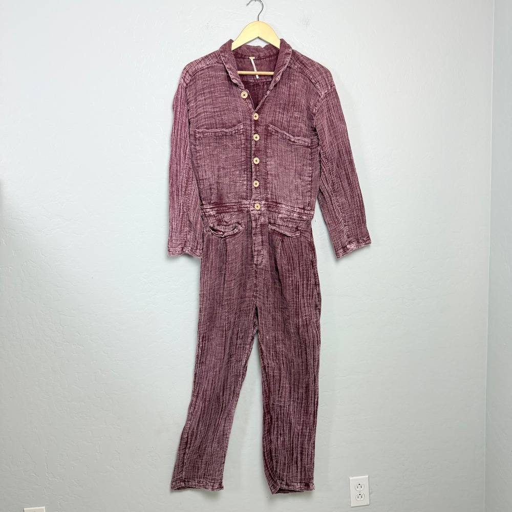 Free People Womens Burgundy Cotton Gauze Button Front Utility Jumpsuit Size M